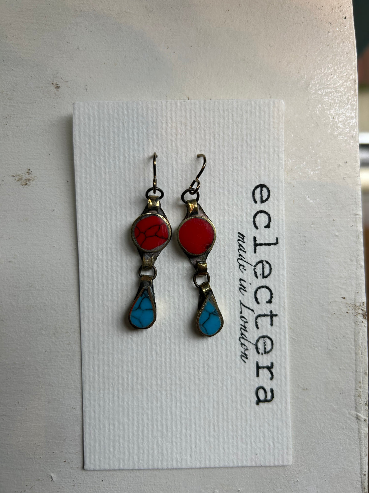 Afghan Earrings by eclectera -Circle red bead and turquoise teardrop