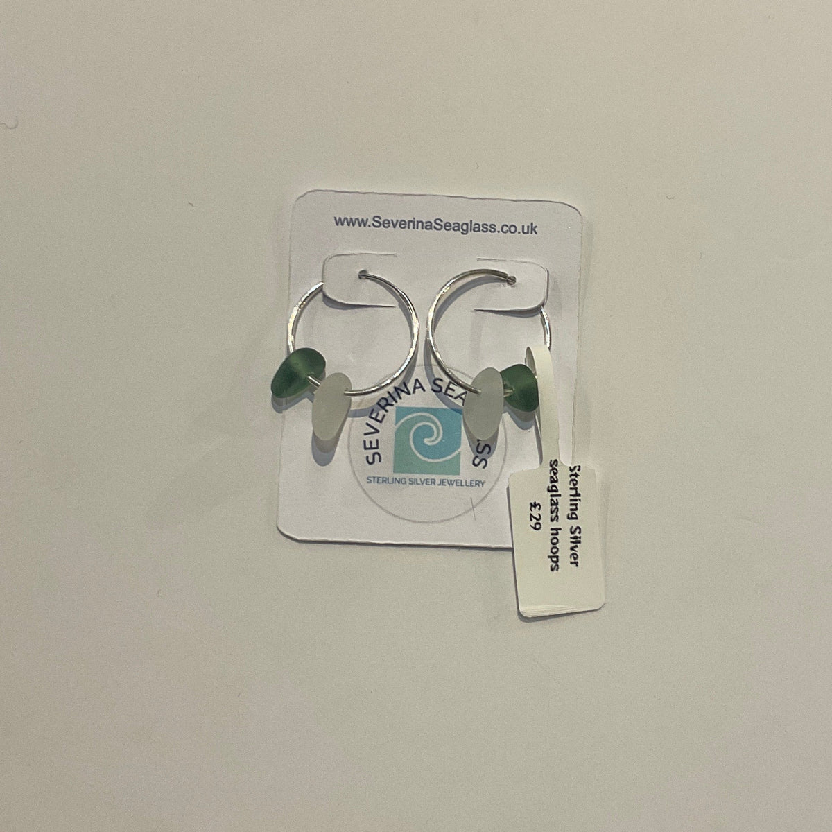 Silver seaglass hoops (Large - Green & White)