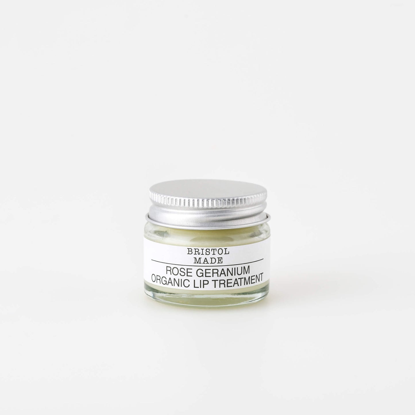 Jar of Bristol Made Rose Geranium Organic Lip Treatment on a white background