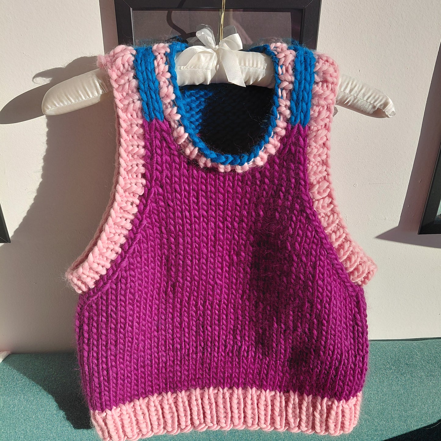 Bella Mohair Silk Stripey Crew Neck Vest - Pink/Red/Burgundy by Szubi Crafts