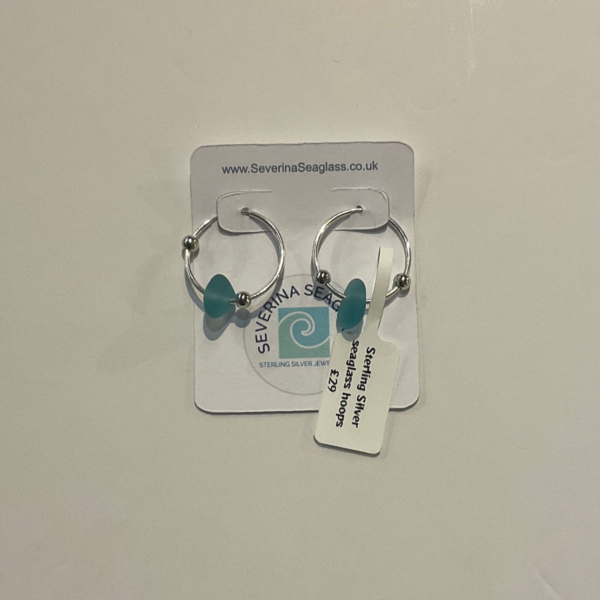 Silver seaglass hoops (Large - Blue With silver beads)