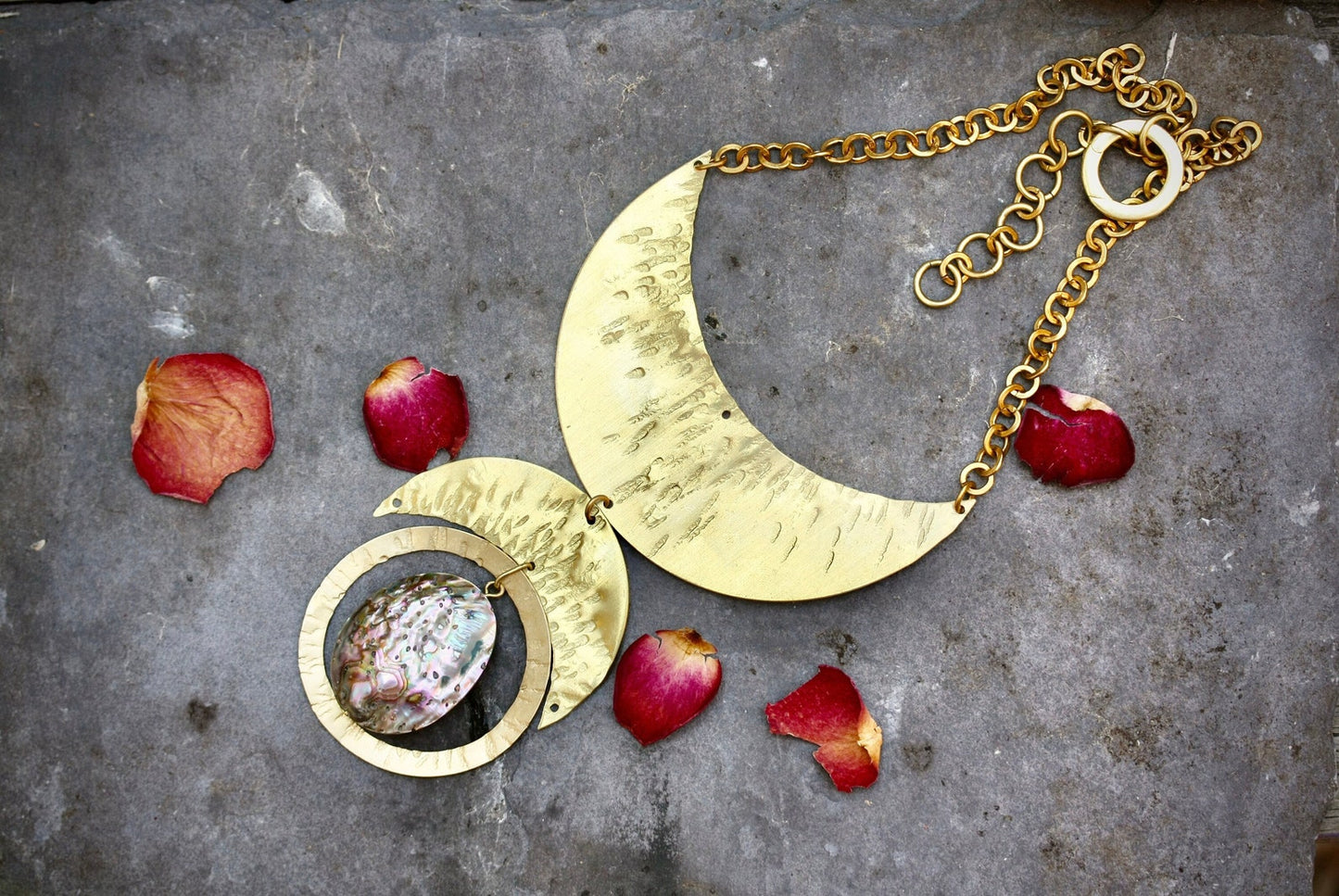 Hammered Brass Abalone Bib Necklace - by Palomita Jewellery