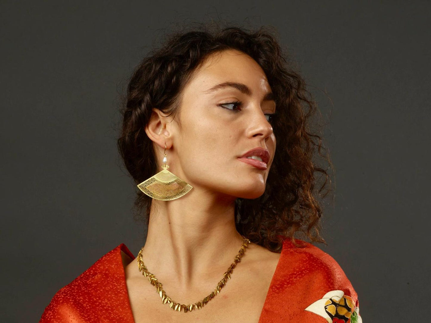 Fan Brass Earrings with Freshwater Pearls - by Palomita Jewellery