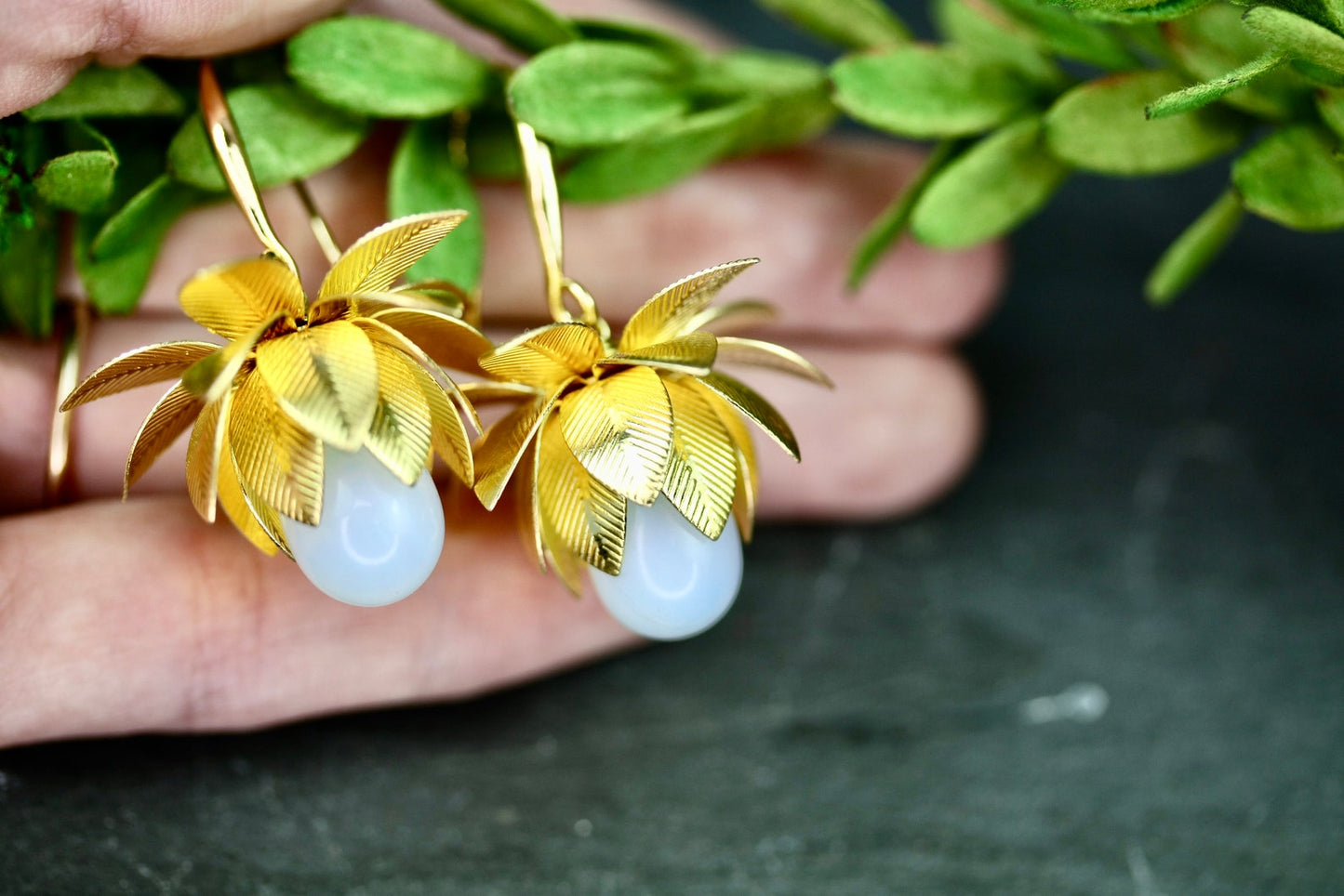 3D Gold Flower Opalite Drop Earrings - by Palomita Jewellery