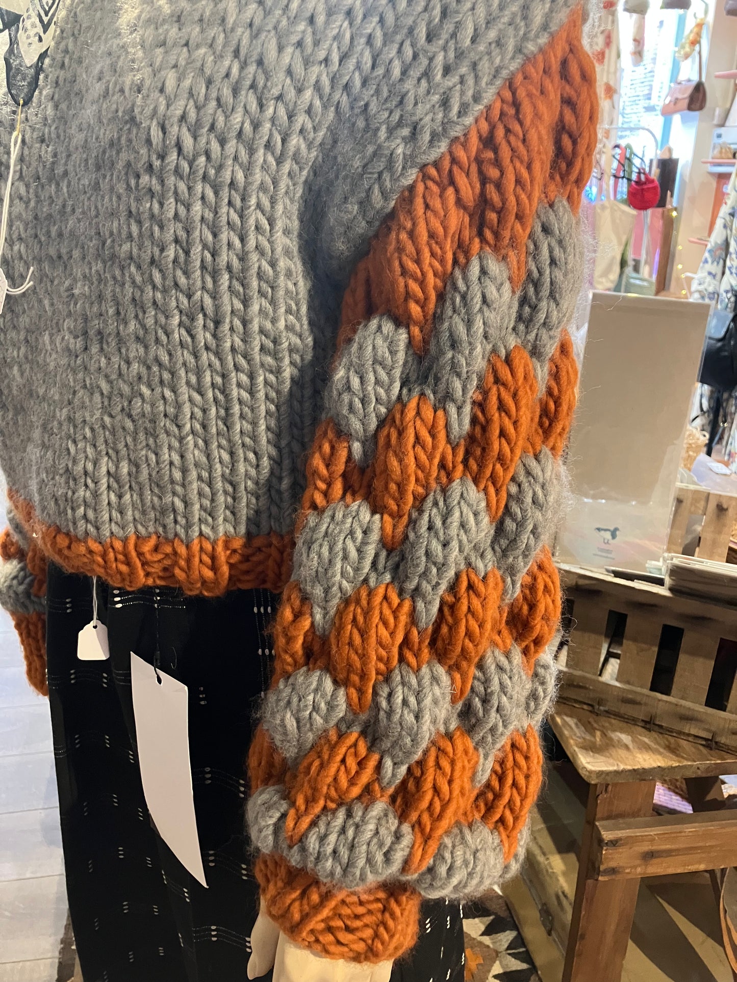 Grey And Rust Merino Handmade Knit Jumper With Bubble Sleeves by 12.5MM