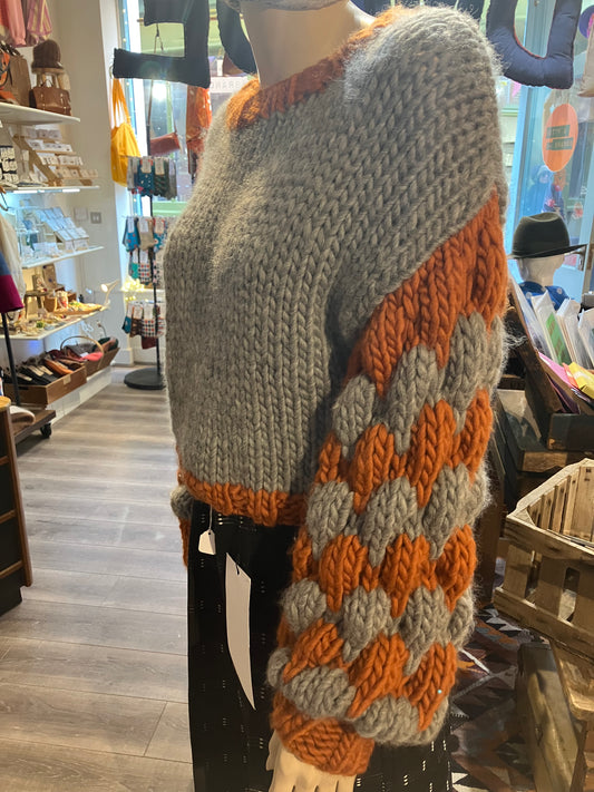 Grey And Rust Merino Handmade Knit Jumper With Bubble Sleeves by 12.5MM
