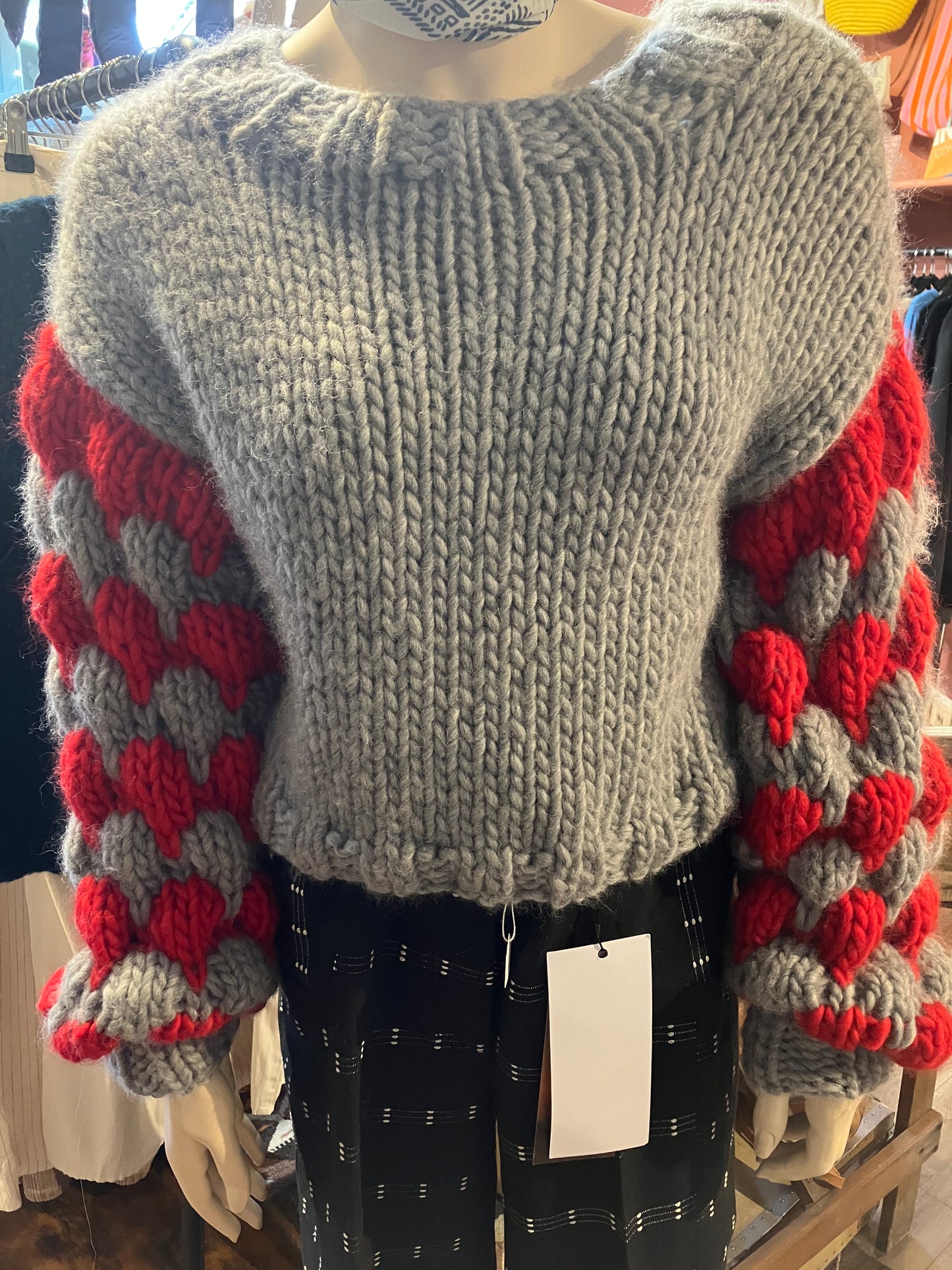Grey And Red Merino Handmade Knit Jumper With Bubble Sleeves by 12.5MM
