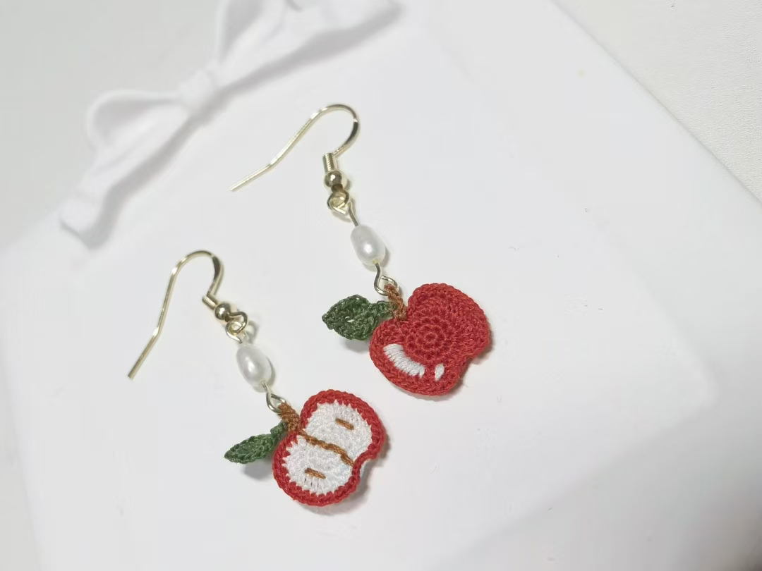 Apple and pearl Micro Crotchet earrings by Miss Peachy