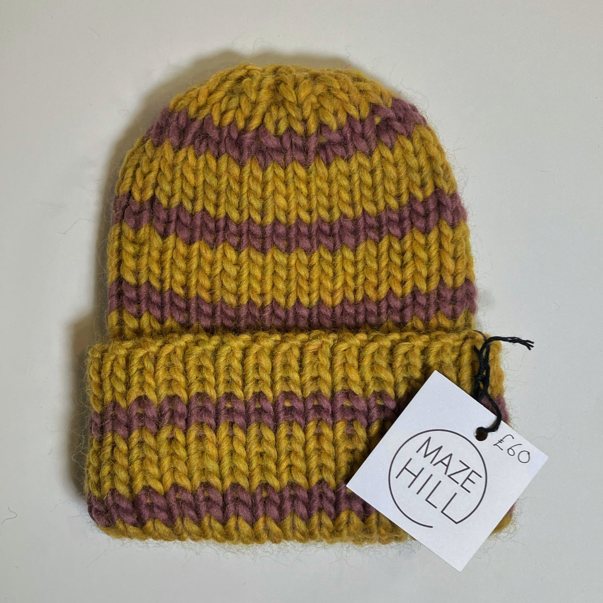 Golden Yellow & Dusky Mauve Striped Knitted Beanie by Maze Hill