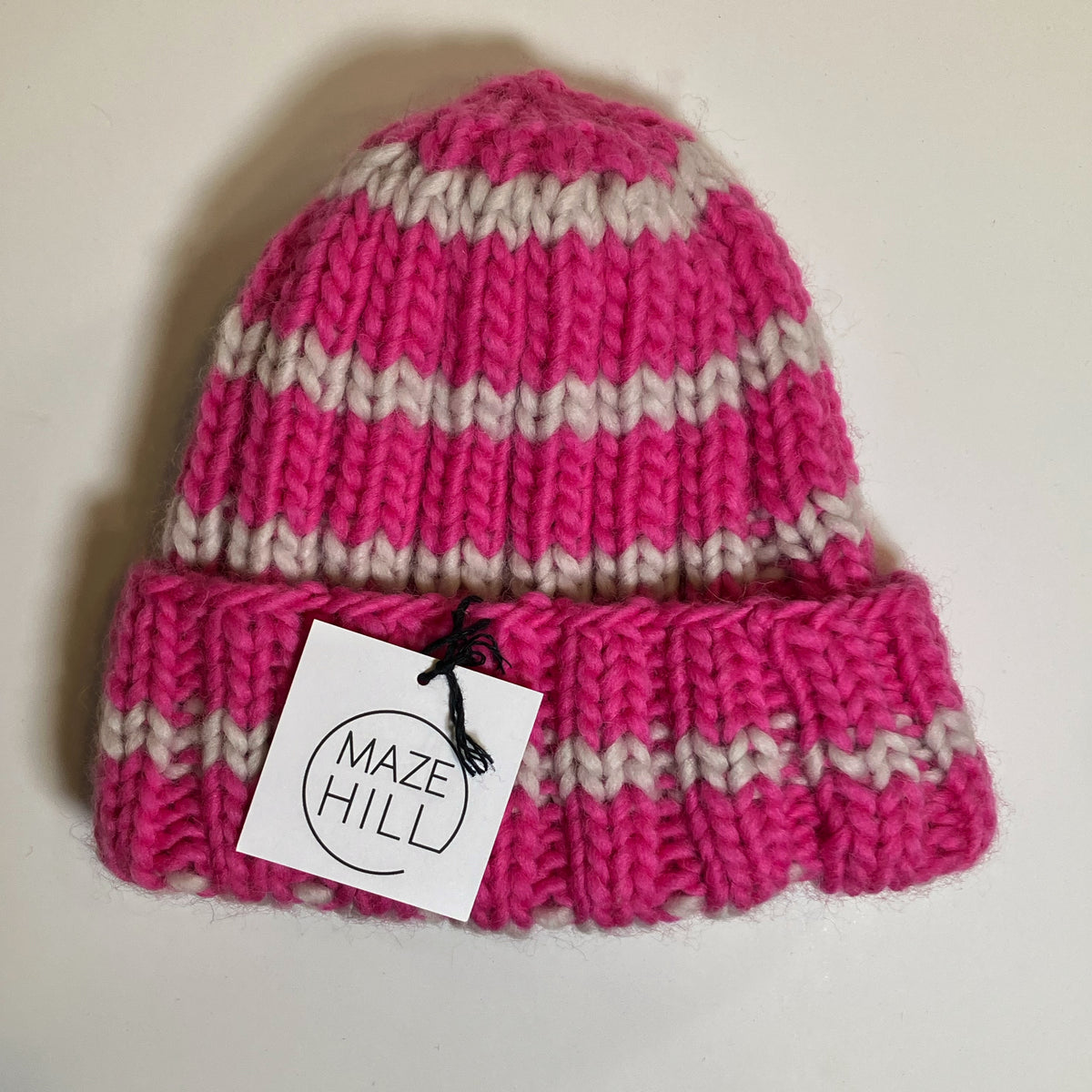 Hand-Knitted Hot Pink & Cream Striped Merino Blend Beanie by Maze Hill