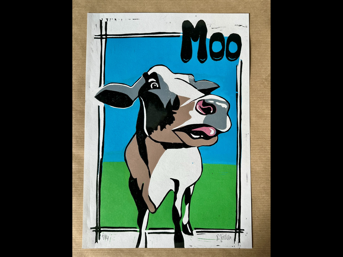 Original Lino Print: 'Moo' by Betti Jordan Art