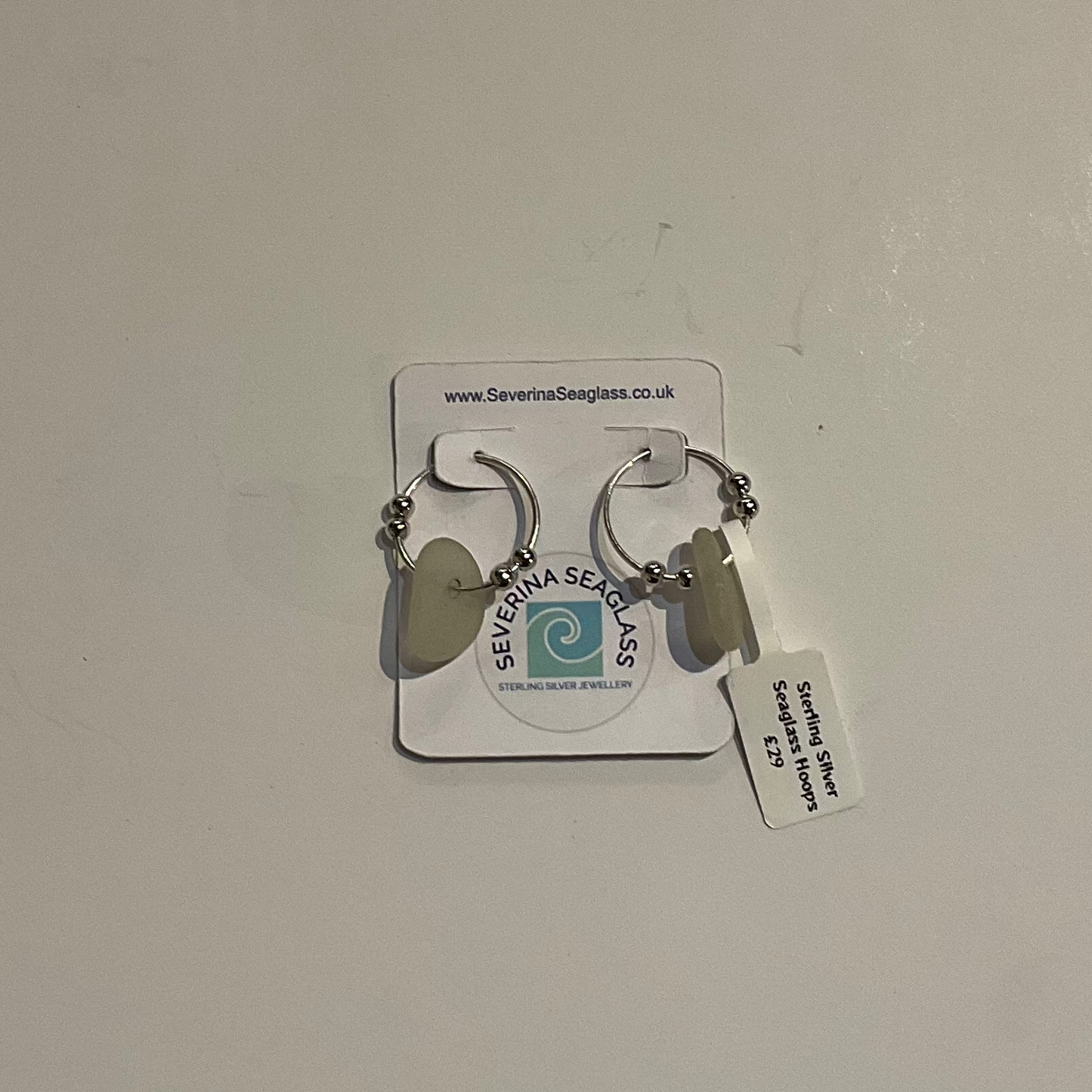 Silver seaglass hoops (Large - White Seaglass with silver beads) by Severina Seaglass