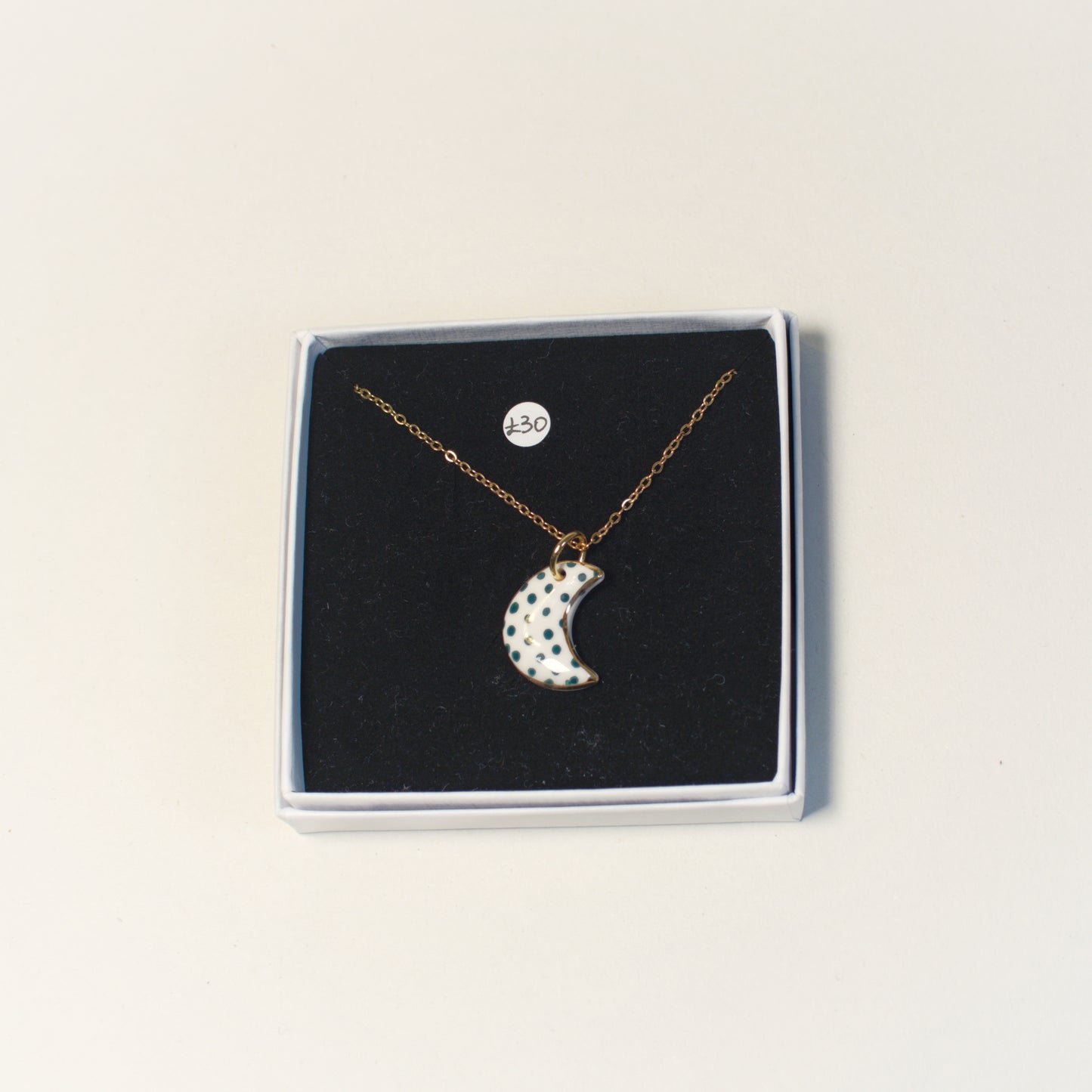 Crescent Moon Green Spotted Ceramic Necklace by Lili Toth