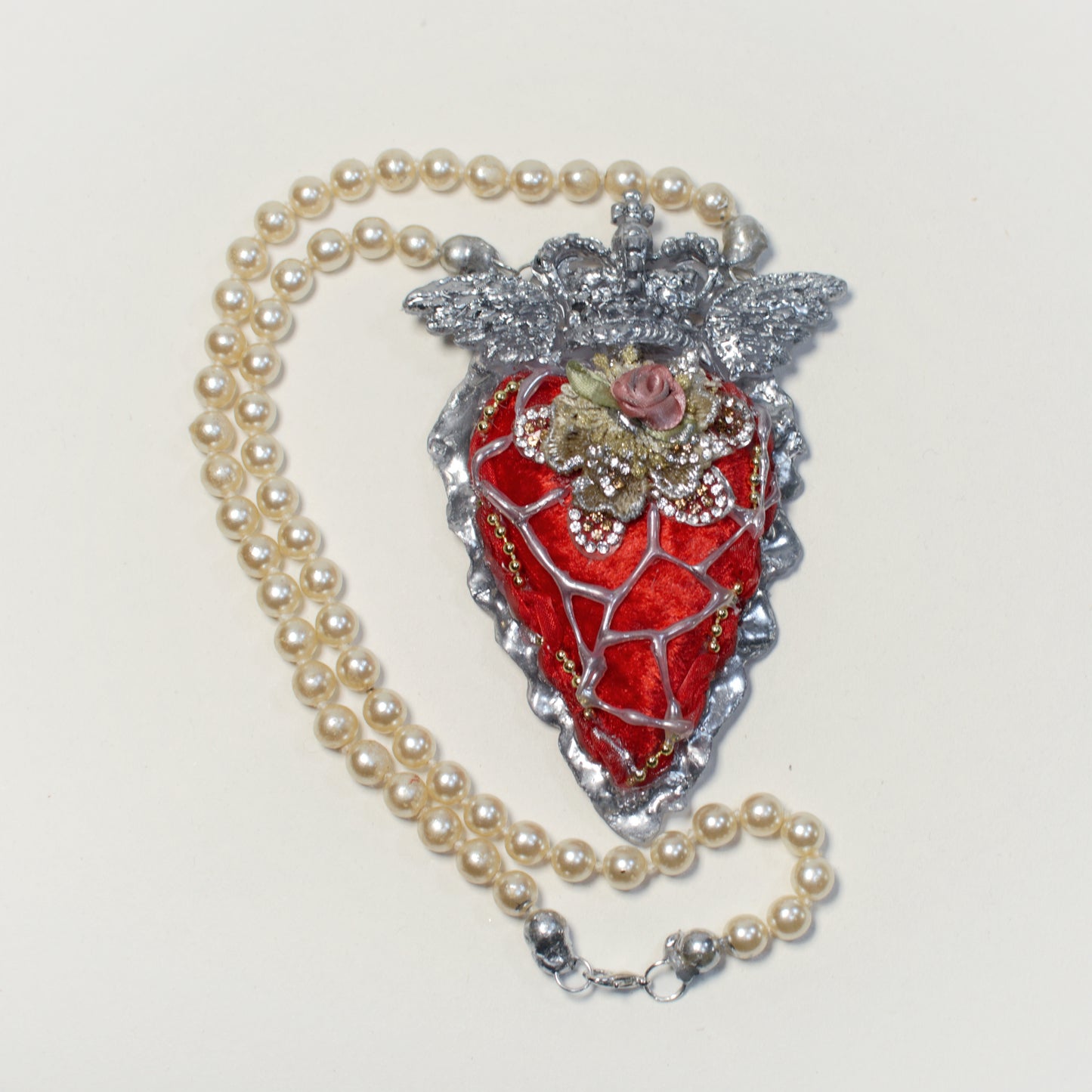 Sacred Heart And Rose Pearl Necklace by Jan Cooper