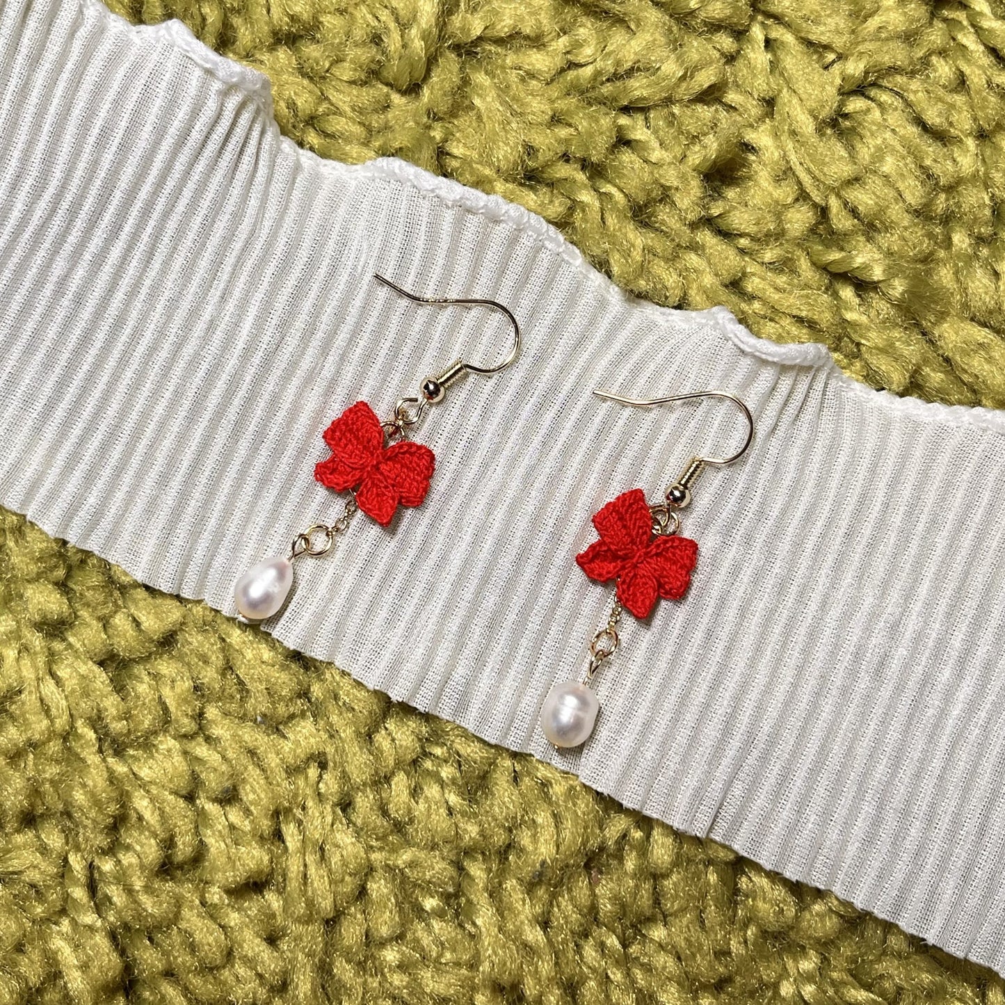 Red Bow Tie Micro Crotchet earrings by Miss Peachy