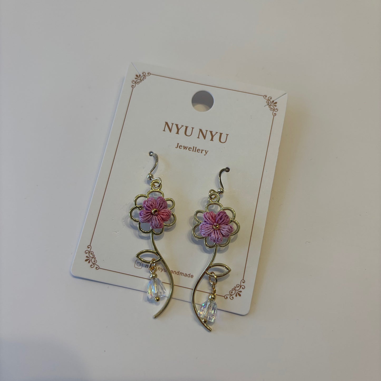 Micro Crochet Pink Flower Earrings With Flower Stem And Bead by NYU