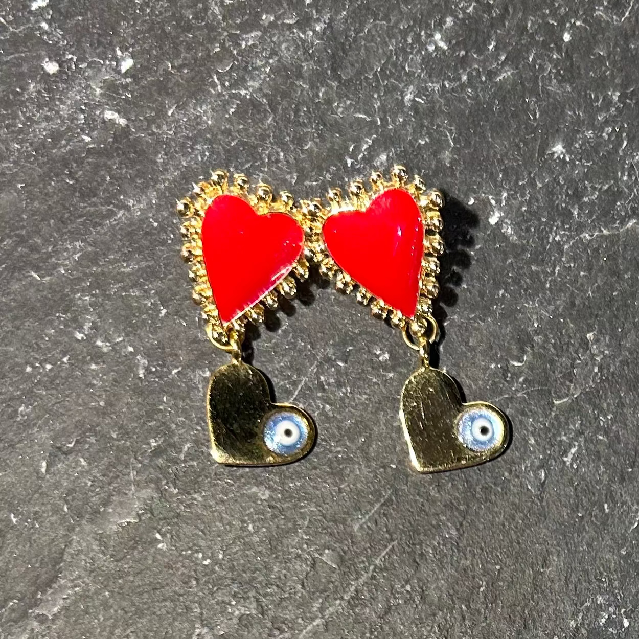 Red Heart & Eye Drop Earrings Reworked Vintage by Pom di Pom