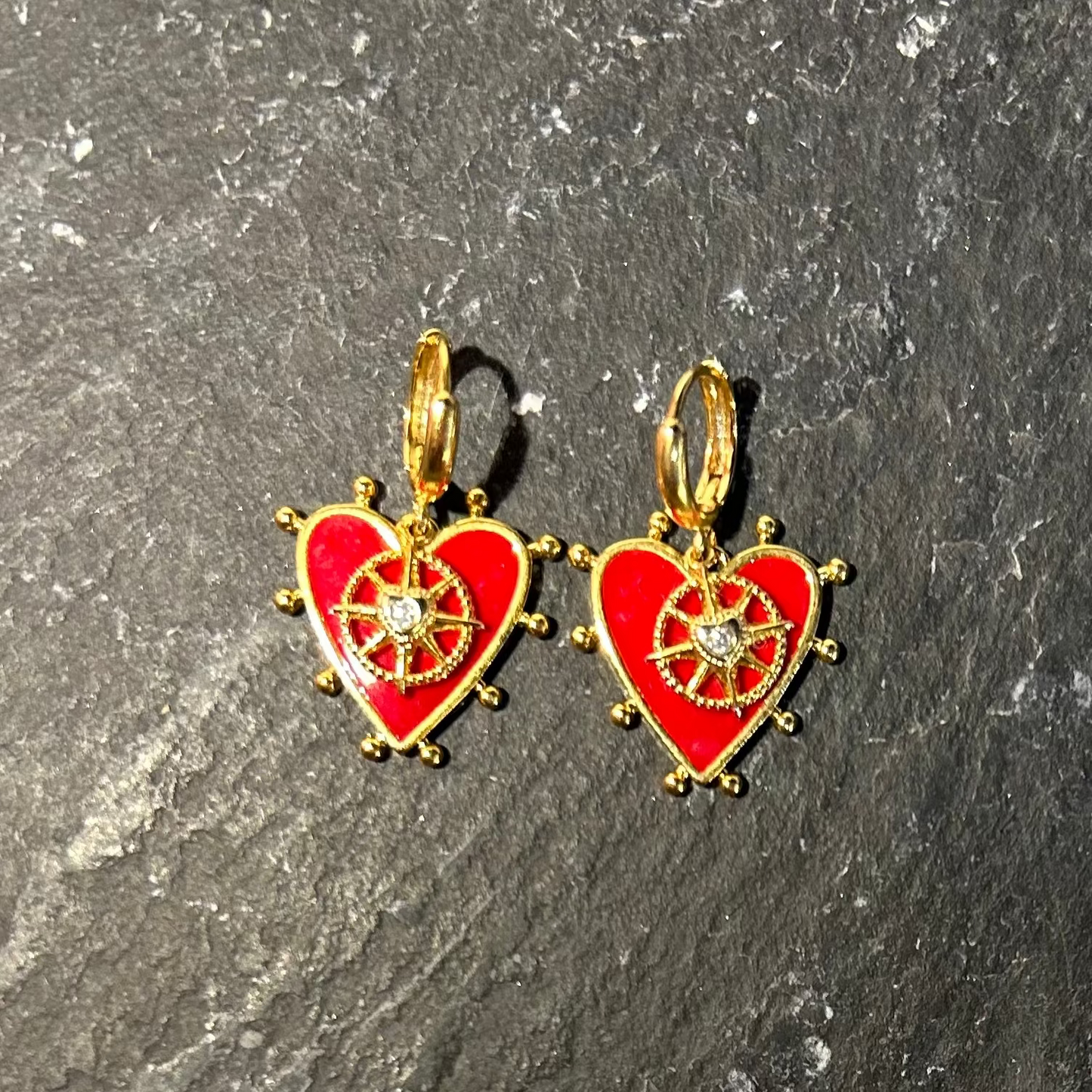 Red Heart & Compass Earrings Reworked Vintage by Pom di Pom