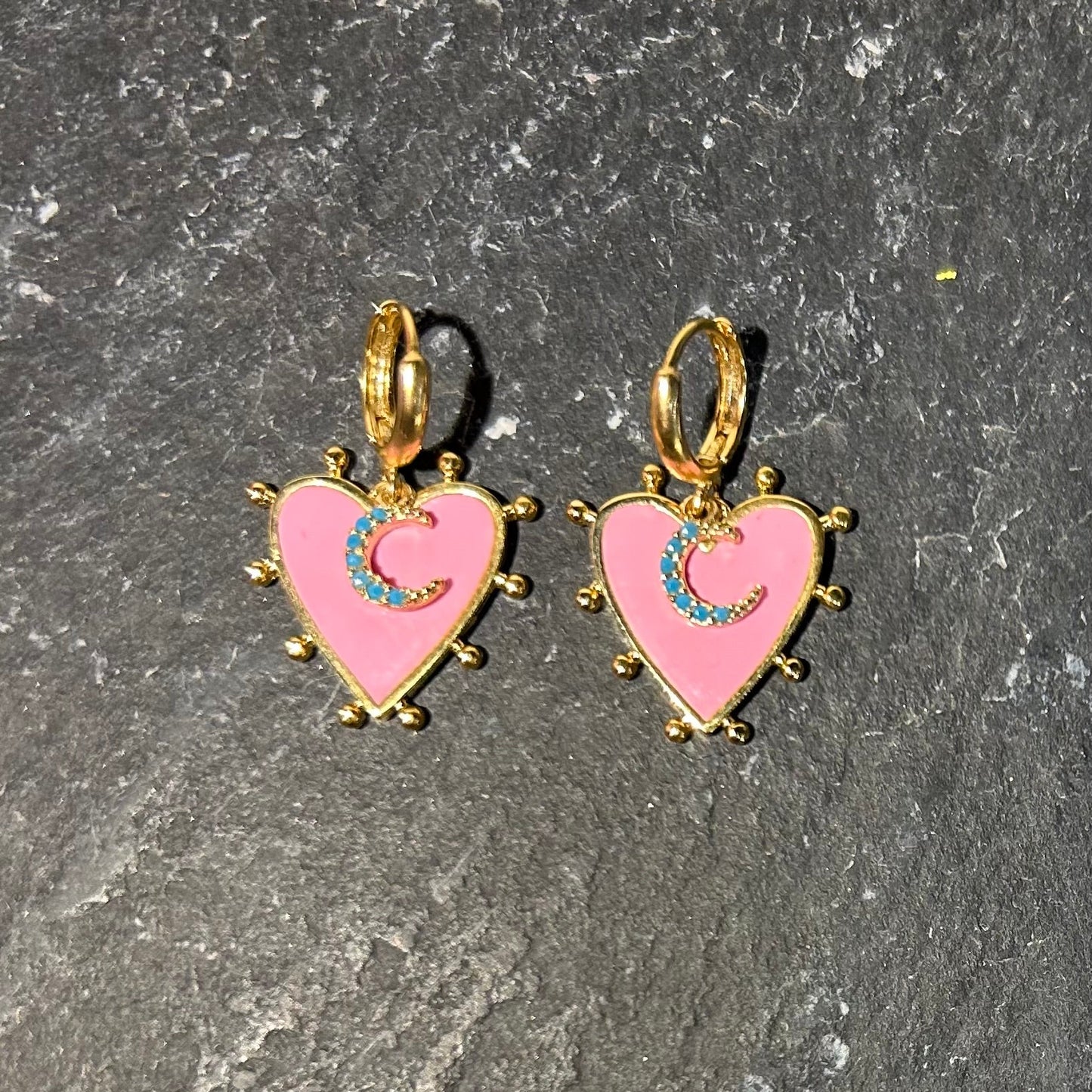 Pink Heart & Crescent Earrings Reworked Vintage by Pom di Pom