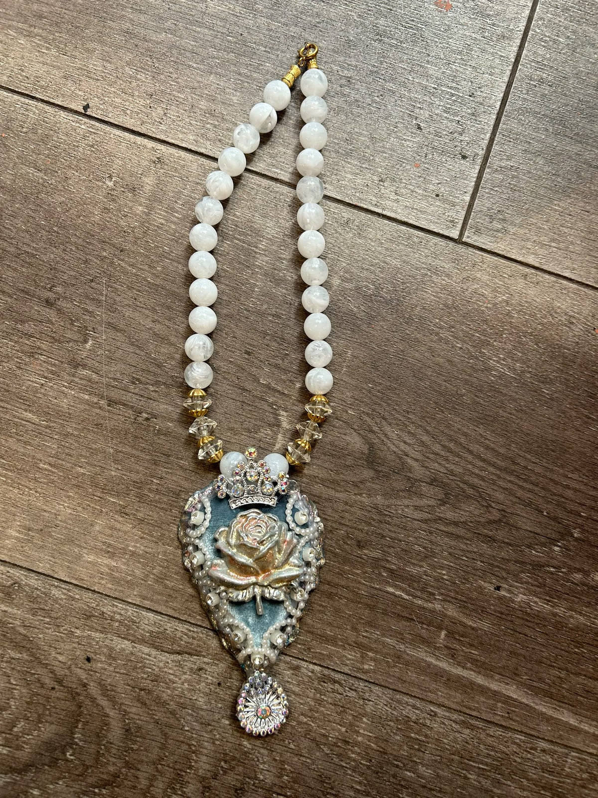 Sacred Blue Heart Faux Pearl Necklace by Jan Cooper