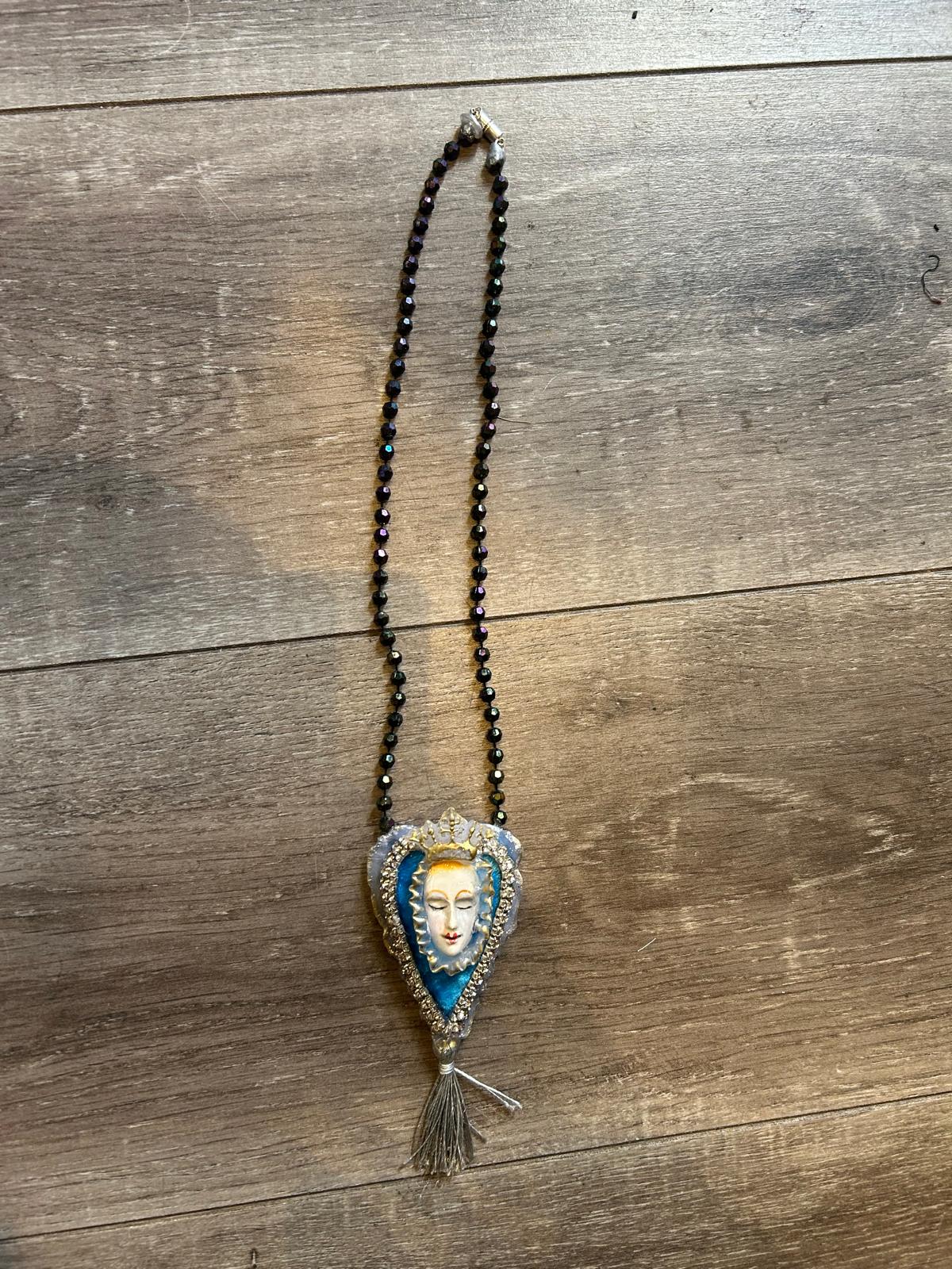 Sacred Blue Heart Faux Pearl Necklace by Jan Cooper