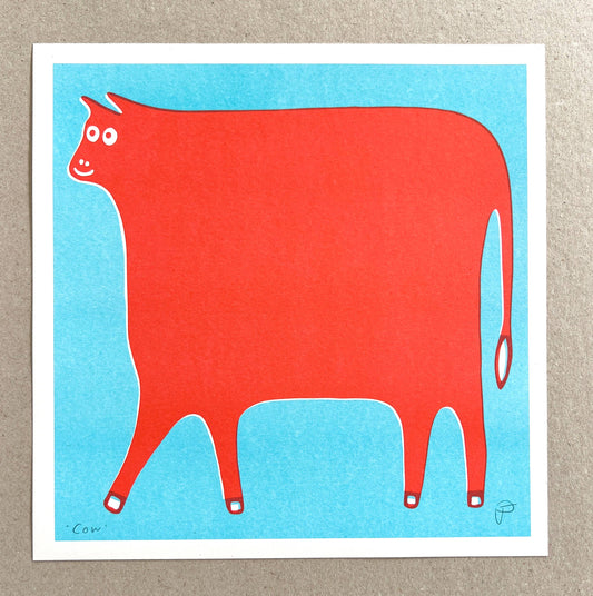 Cow Art Print in Red and Light Blue Ink - by Strangford