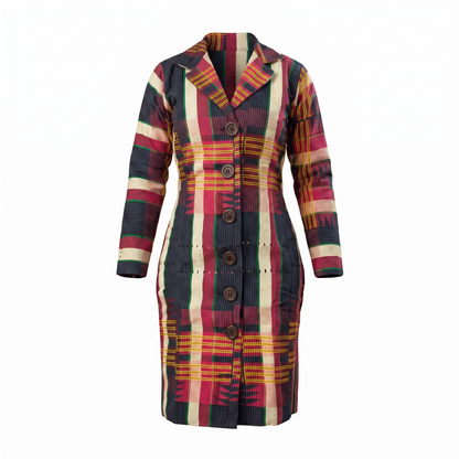 A long-sleeve knee-length coat with a bold multicolor plaid pattern in red, green, yellow, and cream, featuring a notched lapel and a front button closure.