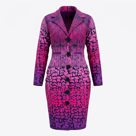 A women's long-sleeve knee-length blazer dress with a bold pink and purple abstract pattern, shown on a plain light gray background.