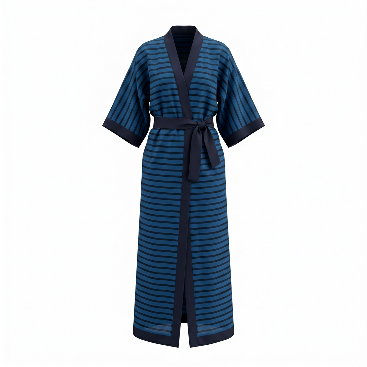 A long kimono-style robe with horizontal navy and dark blue stripes, featuring a dark navy collar, sleeve cuffs, and waist tie, shown against a plain white background.