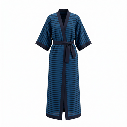 A long kimono-style robe with horizontal navy and dark blue stripes, featuring a dark navy collar, sleeve cuffs, and waist tie, shown against a plain white background.