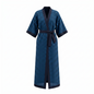 A long kimono-style robe with horizontal navy and dark blue stripes, featuring a dark navy collar, sleeve cuffs, and waist tie, shown against a plain white background.