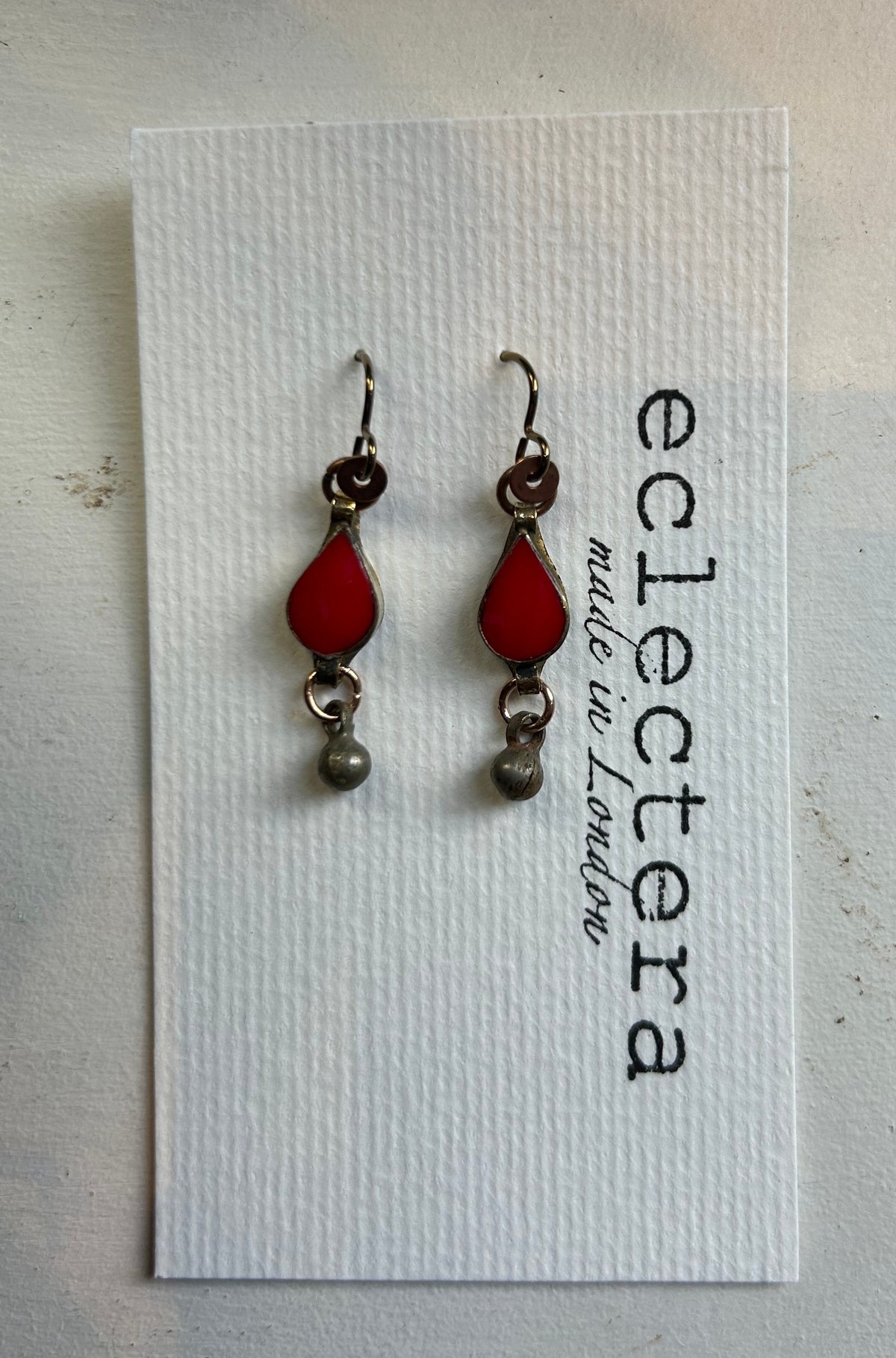 Afghan Earrings by eclectera -Red teardrop and metal bead