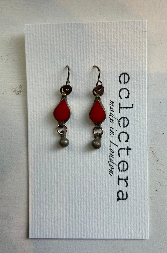 Afghan Earrings by eclectera -Red teardrop and metal bead