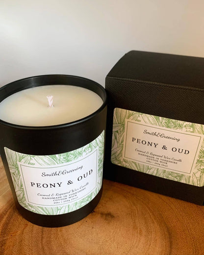 Peony & Oud Coconut Wax Candle. Hand poured, vegan and cruelty free!: Small Tin - by Smith & Greening