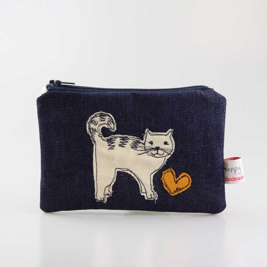 Cat embroidered purse - by Poppy Treffry