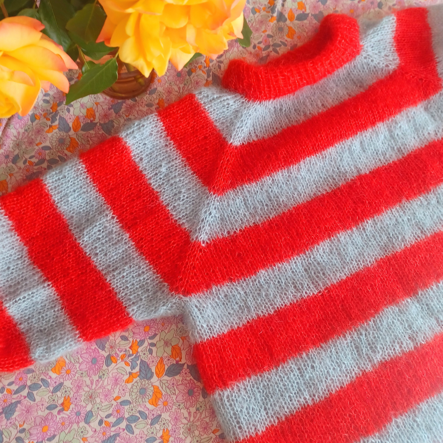 Polly Jean Stripey Mohair Silk Crew Neck Jumper - Red/Blue by Szubi Crafts