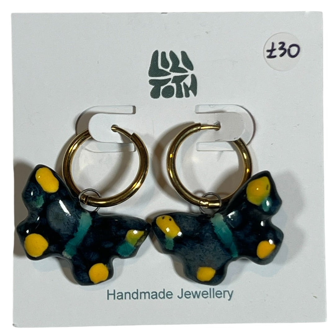 Blue & Yellow Ceramic Butterfly Hoop Earrings by Lili Toth