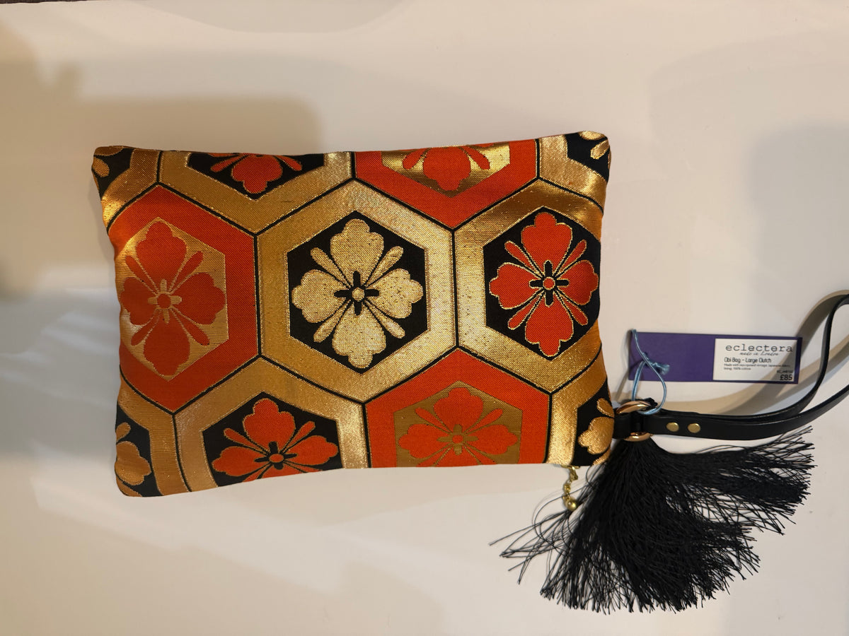 Obi Clutch Large by Eclectera - Orange, gold, tassel