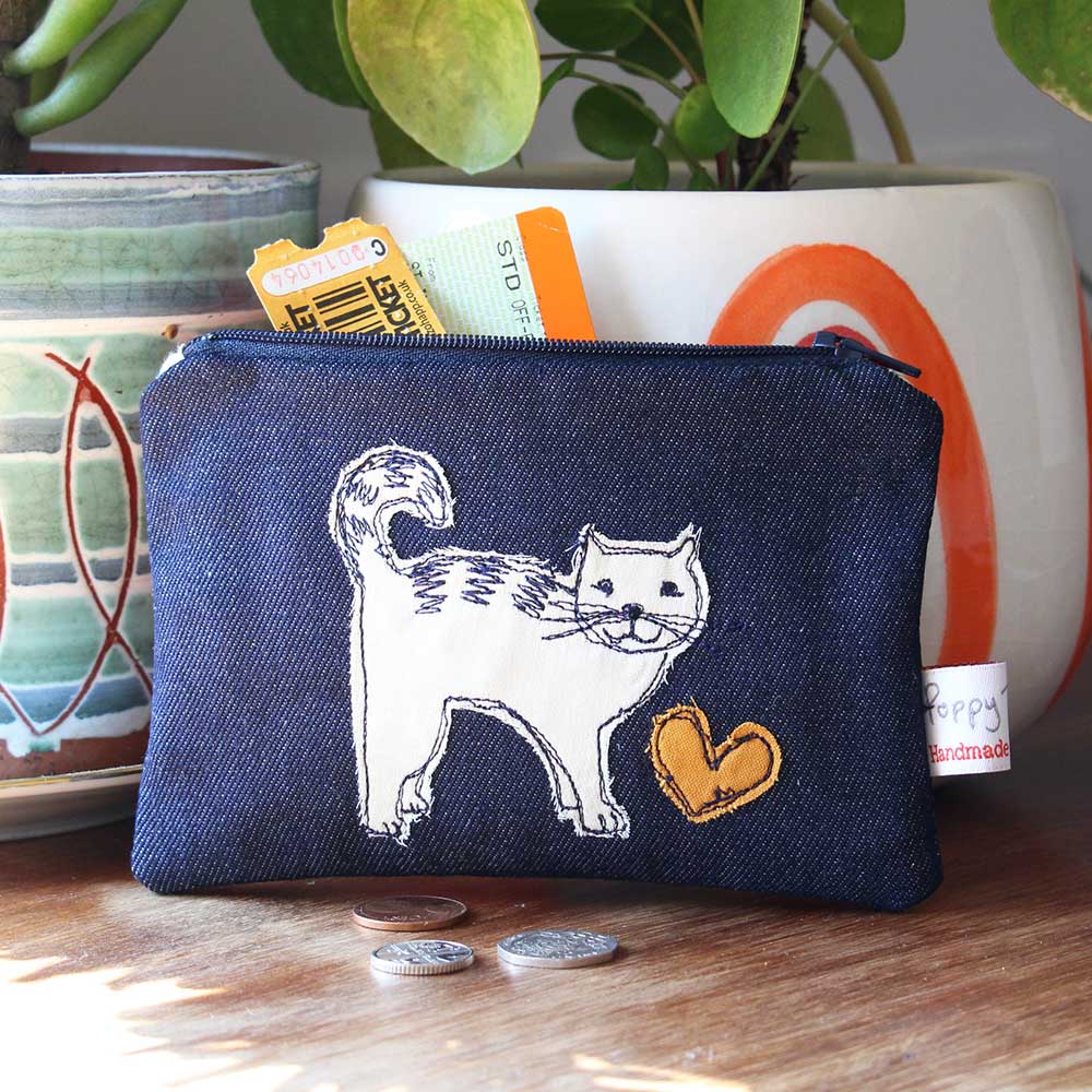 Cat embroidered purse - by Poppy Treffry