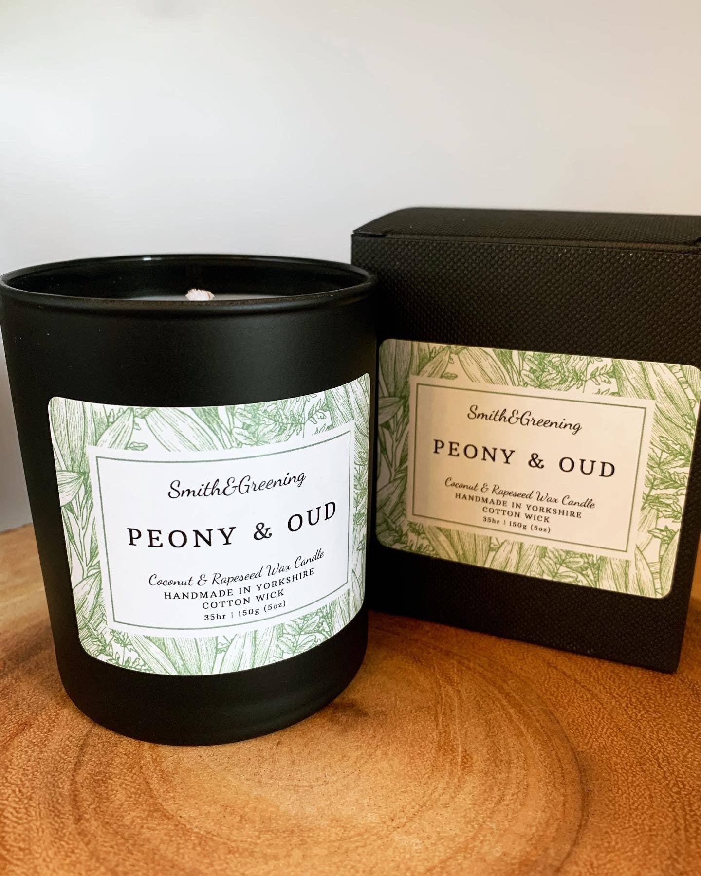 Peony & Oud Coconut Wax Candle. Hand poured, vegan and cruelty free!: Small Tin - by Smith & Greening
