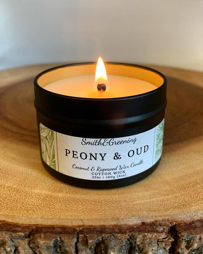Peony & Oud Coconut Wax Candle. Hand poured, vegan and cruelty free!: Small Tin - by Smith & Greening