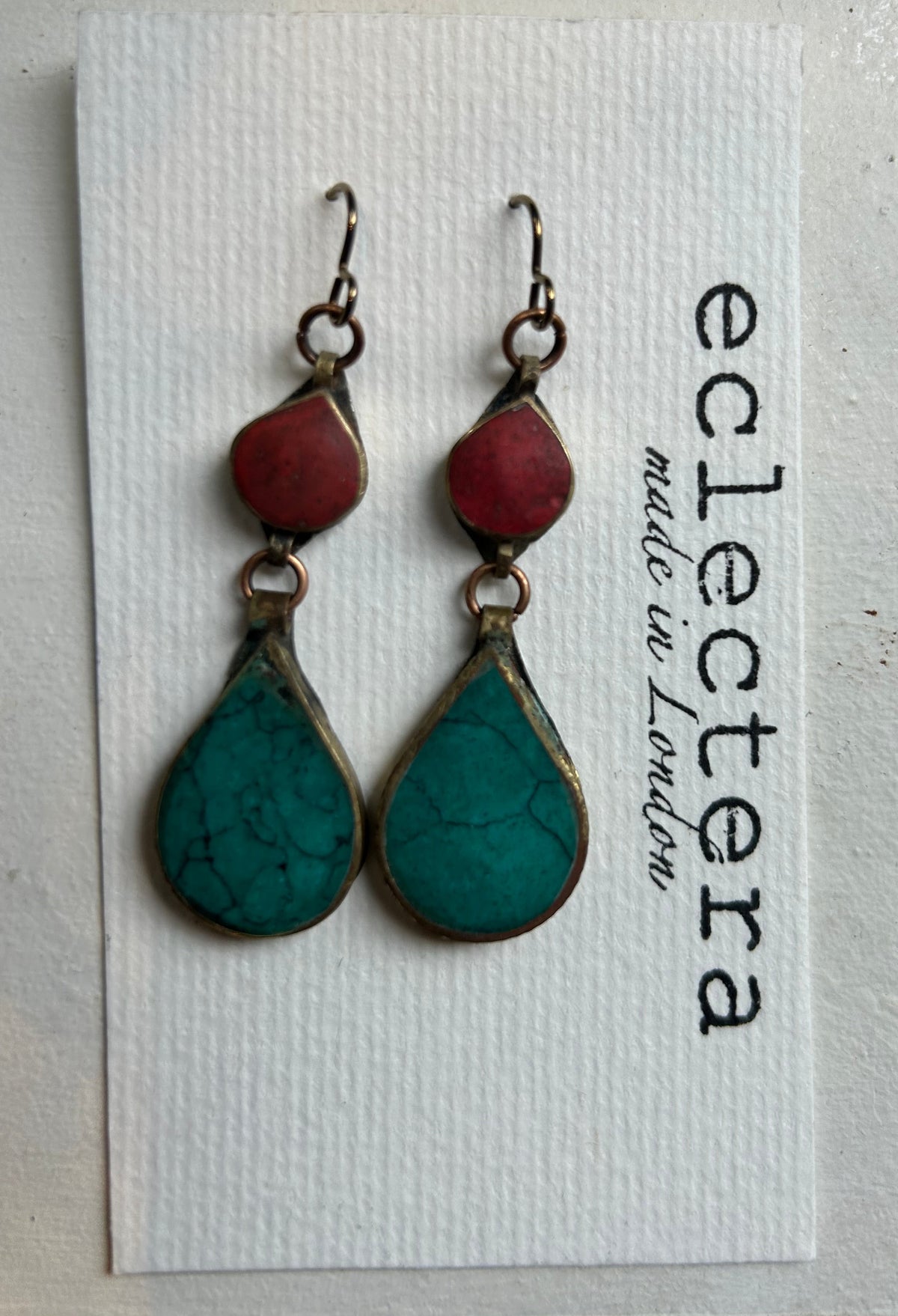 Afghan Earrings by eclectera - Large turquoise teardrop and red beads