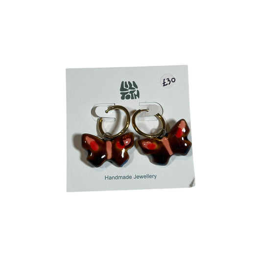 Brown Ceramic Butterfly Hoop Earrings by Lili Toth