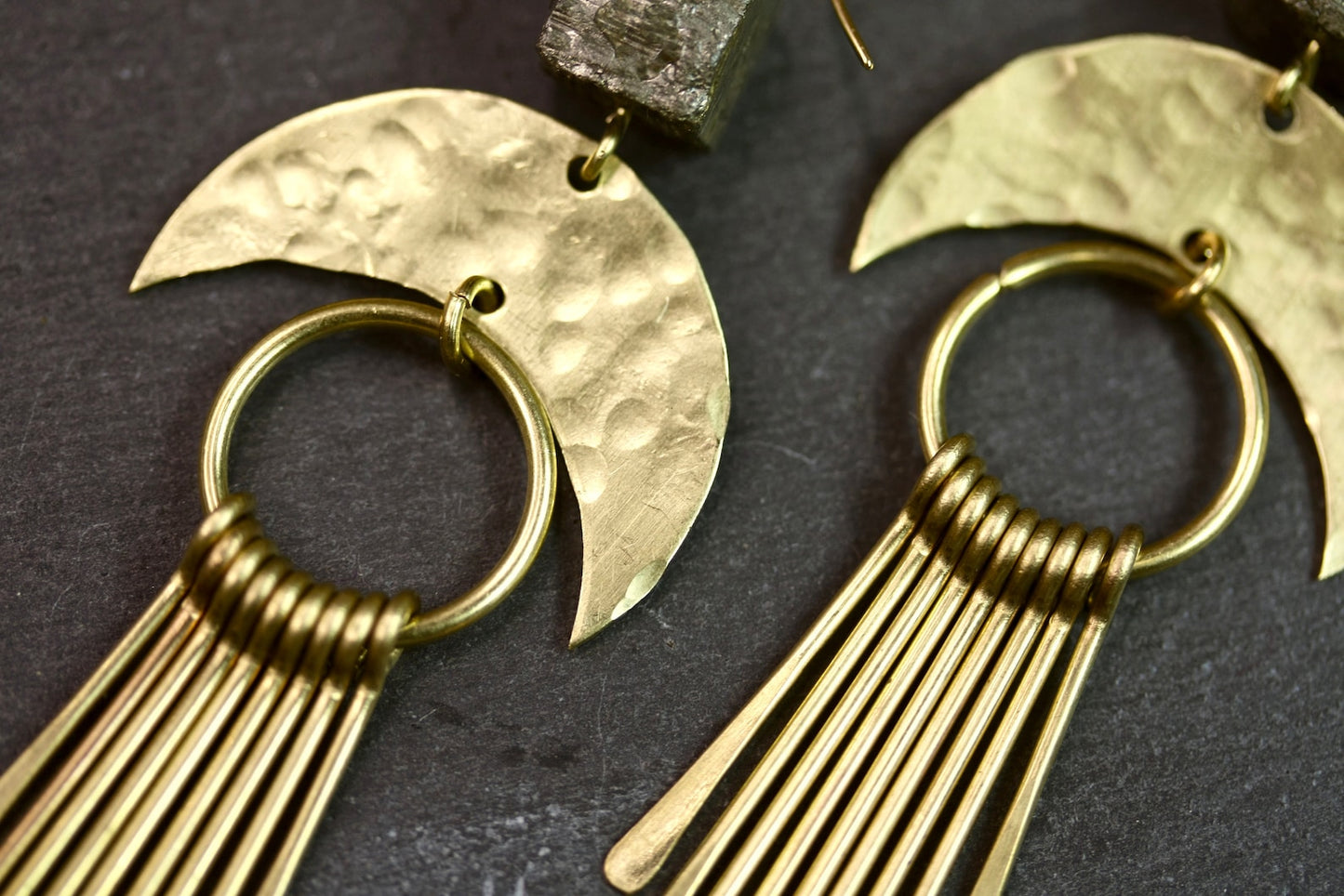 Brass Statement Hematite Fringe Earrings - by Palomita Jewellery