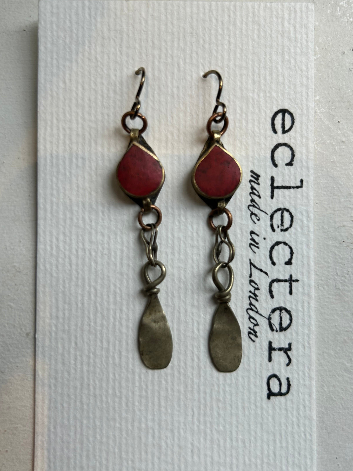 Afghan Earrings by eclectera - Red teardrop drop beads and charm