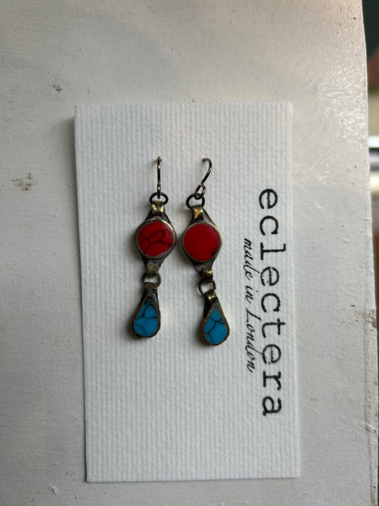 Afghan Earrings by eclectera -Circle red bead and turquoise teardrop