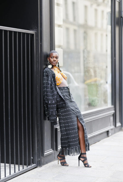 Amina, Black and White Kente Pencil Skirt with Front Slit by Nyny Ryke