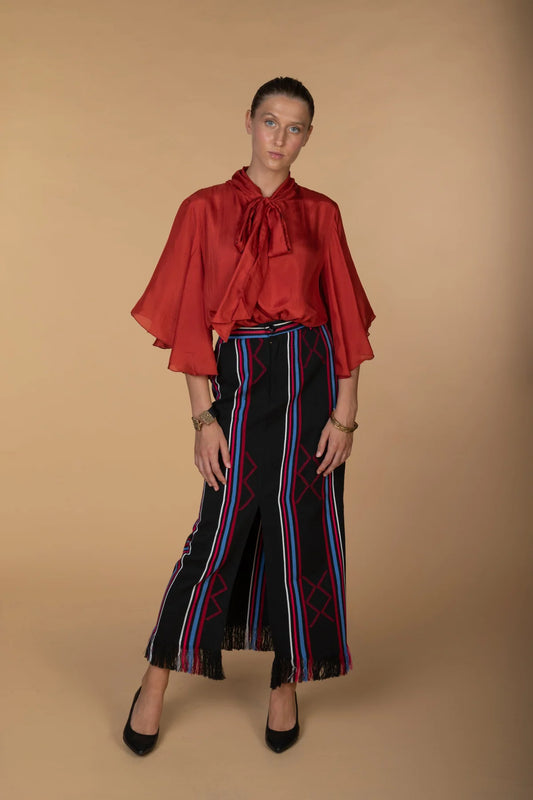 Amina, Black And Red Stripes Kente Pencil Skirt with Front Slit by Nyny Ryke