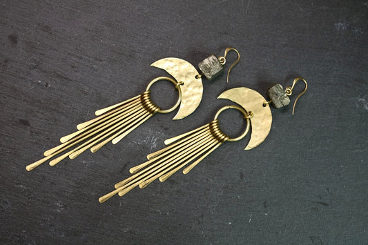 Brass Statement Hematite Fringe Earrings - by Palomita Jewellery