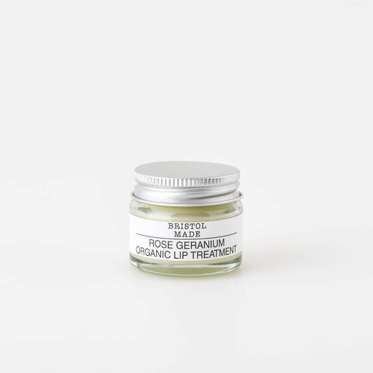 Jar of Bristol Made Rose Geranium Organic Lip Treatment on a white background